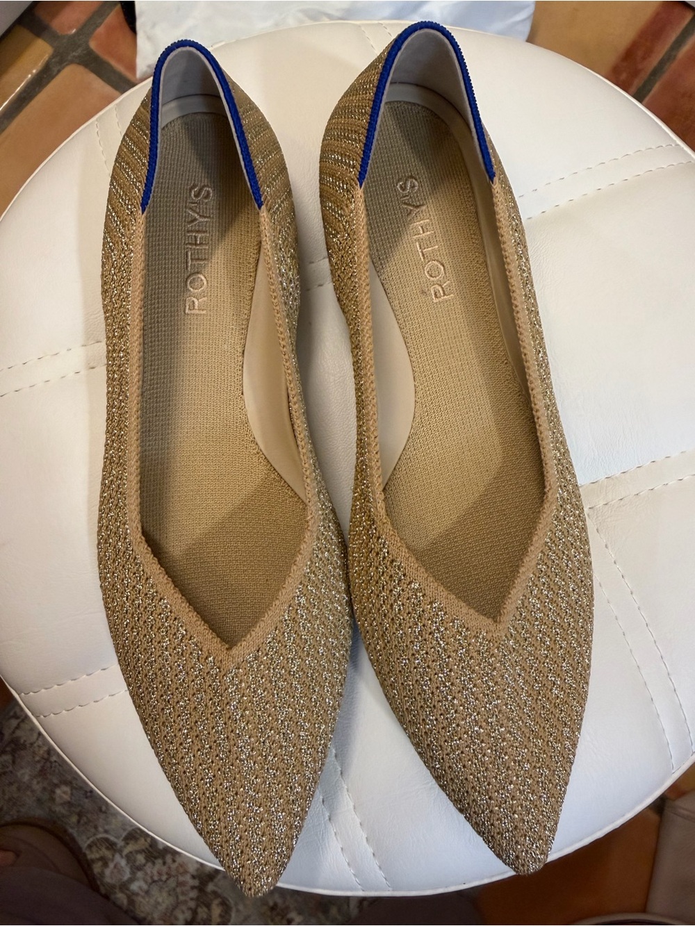 Rothy’s Metallic Gold Pointed Toe Flats Size 7.5 Blue Trim